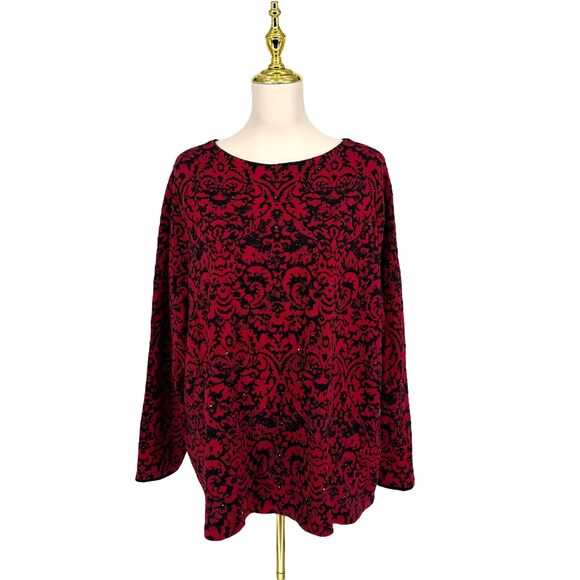 J. Jill Jacquard Tunic Sweater 3X Red Black Damask Rhinestone Sparkle Holiday - Picture 2 of 11